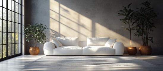Aufkleber - Modern white sofa in bright airy living room with large windows and decorative plants casting soft shadows