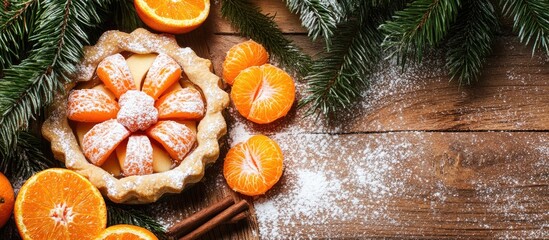 Aufkleber - Rustic apple pie decorated with tangerines and powdered sugar on a wooden table surrounded by fir tree branches and cinnamon sticks