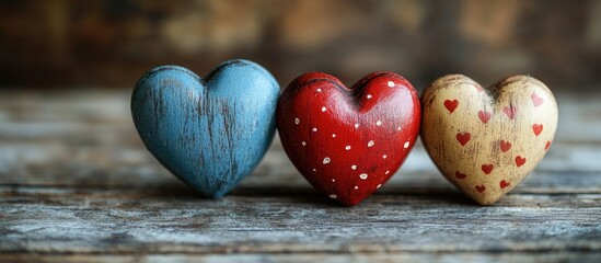 Poster - Decorative wooden toy hearts in red blue and gold on rustic wooden table with ample copy space for Valentine's Day themes