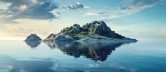 Aufkleber - Tranquil island scenery with calm sea reflections under a clear sky during sunrise in a serene natural environment.