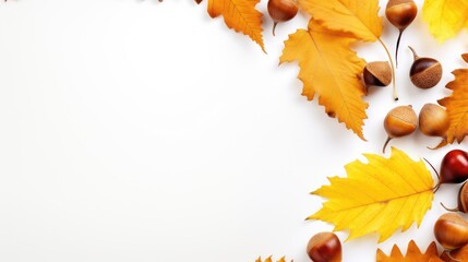 Poster - Autumn composition with acorns, chestnuts, and vibrant yellow leaves on a white background creating space for text from a top-down perspective