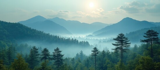 Poster - Serene Mountain Landscape with Misty Forest and Soft Cloudy Sky at Sunrise