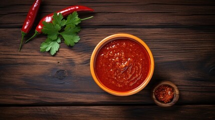 Poster - Hot chili sauce in a bowl with fresh chilies and herbs on rustic wooden table top view gourmet food preparation concept