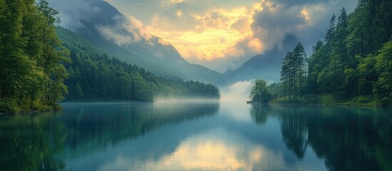 Poster - Serene mountain river landscape at sunrise with misty reflections and lush greenery in the foreground and mountains in the background
