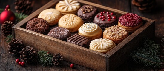 Poster - A selection of festive Christmas cookies arranged in a rustic wooden box with decorative holly and pinecones on a dark background