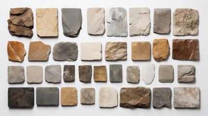 Poster - Stone tile samples arranged neatly on a white background showcasing various textures and colors for interior design options
