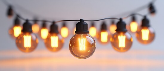 Fototapete - String of vintage light bulbs glowing against a soft white background showcasing warm illumination and elegant design elements.