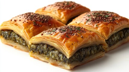 Poster - Turkish Baklava pastry with pistachio filling and sesame seeds on a white background