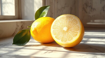Poster - Lemon composition with fresh fruit and leaf on a light backdrop casting soft shadows in a natural setting
