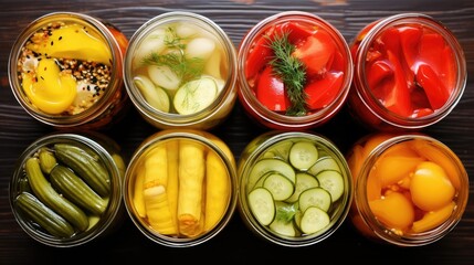 Aufkleber - Variety of Pickled Vegetables in Jars Including Cucumbers Tomatoes Peppers Garlic and Potatoes on Wooden Table Surface