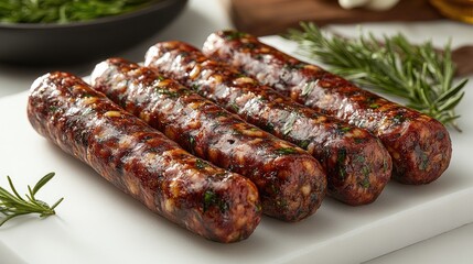 Poster - Toledo chorizo sausages arranged elegantly on a white surface with fresh herbs and garlic in the background for a culinary presentation