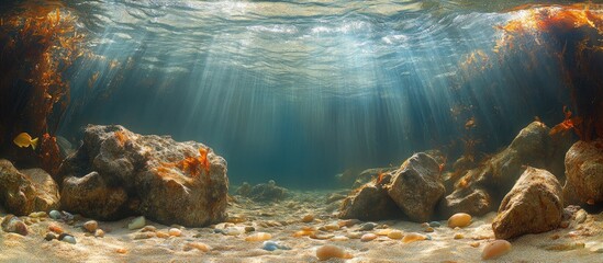 Poster - Underwater landscape showcasing sunlit rocks and marine life revealed by receding seawater in a serene ocean environment