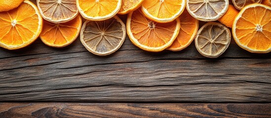 Poster - Top view of assorted dried citrus slices arranged on rustic wooden background showing vibrant colors and textures for decoration or culinary use