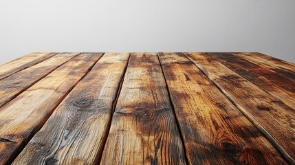 Poster - Rustic wooden table surface with textured planks suitable for product display or creative backgrounds against a minimalistic backdrop