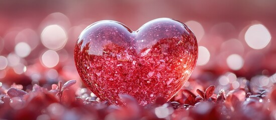 Poster - Valentine's Day romantic greeting card with a shimmering red heart shape on a sparkling background of rose petals and bokeh lights