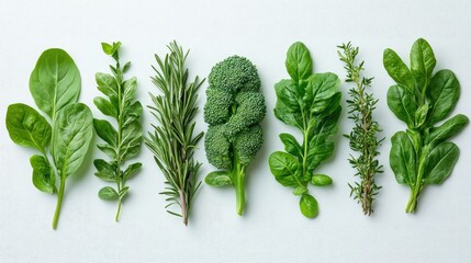 Poster - Fresh assortment of green vegetables and herbs arranged on a clean white background showcasing natural textures and colors