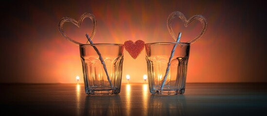 Poster - Romantic Valentine s Day setting with heart shaped glasses candles and decorative hearts creating a warm atmosphere for couples