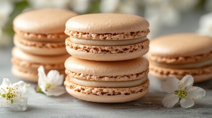 Aufkleber - Vanilla macarons stacked elegantly with white flowers in the background Ideal for dessert promotions and elegant bakery advertising