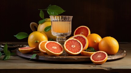 Aufkleber - Sliced citrus fruits and a glass of fresh juice elegantly displayed on a wooden surface with vintage decor and green leaves for a vibrant look
