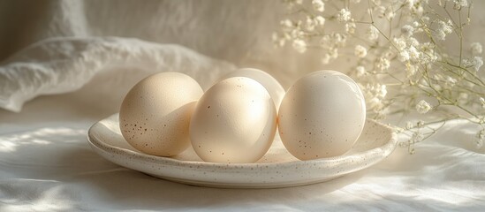Poster - Delicate white chicken eggs on a soft saucer illuminated by sunlight creating a serene kitchen atmosphere with stylish simplicity
