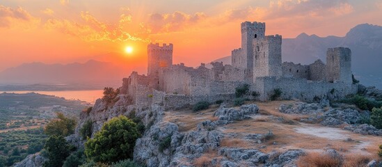 Poster - Majestic medieval castle ruins perched on a rocky hill with stunning sunset and scenic landscape in the background