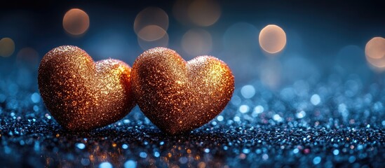 Poster - Heart-shaped glitter gifts for romantic celebrations with a dreamy blue bokeh background creating an enchanting atmosphere for lovers.