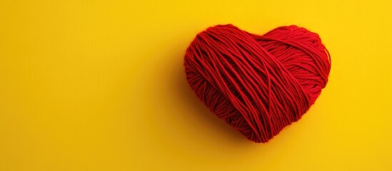 Poster - Red wool thread shaped into a heart against a vibrant yellow backdrop symbolizing love and creativity in crafting and design.