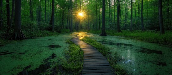 Aufkleber - Wooden pathway winding through a lush green swamp illuminated by the warm glow of a setting sun in a tranquil forest setting.