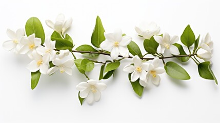 Poster - Jasmine flower branch with lush green leaves elegantly displayed on a clean white background