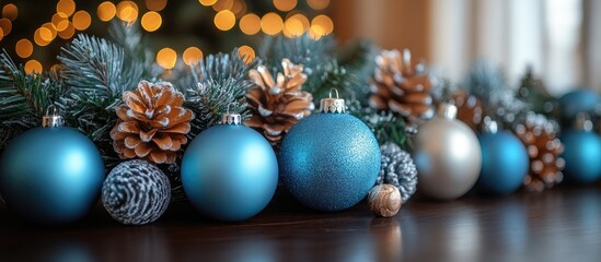 Poster - Turquoise blue silver Christmas table decoration with ornaments pinecones and festive greenery in a cozy setting