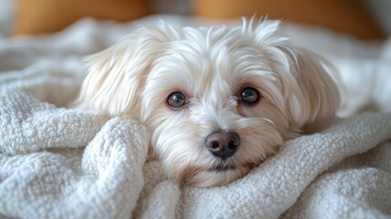 Poster - Adorable fluffy white puppy nestled in a cozy blanket with warm tones in the background, exuding comfort and tranquility.