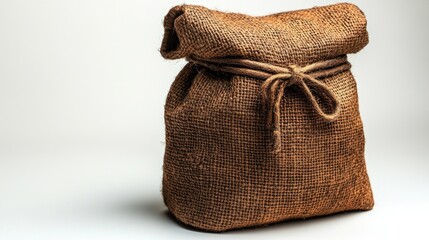 Poster - Rustic burlap bag tied with twine on a neutral background showcasing vintage and natural textures for product or packaging design purposes