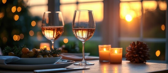 Aufkleber - Elegant dining setup with wine glasses lit candles and seasonal decor against a sunset backdrop creating a warm inviting atmosphere
