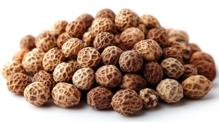 Aufkleber - Chufa nuts arranged in a pile on a clean white background showcasing their unique texture and earthy tones in an aerial view composition