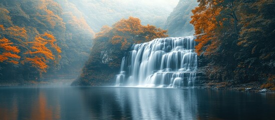 Poster - Autumn scenery featuring a serene waterfall surrounded by vibrant orange foliage and misty mountains creating a tranquil natural landscape