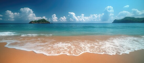 Leinwandbilder - Serene tropical beach with clear blue waters and gentle waves under a bright sky with fluffy clouds. Perfect for travel and relaxation themes.