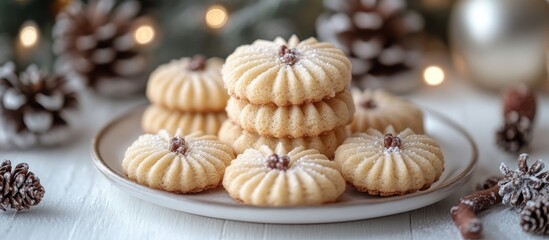 Poster - Vanilla kipferl cookies arranged on a plate with festive Christmas decor and pinecones on a rustic white wooden background