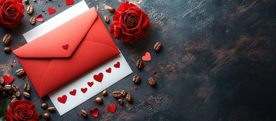 Poster - Valentines Day backdrop with red envelope white hearts coffee beans and roses for romantic celebrations and heartfelt gifting ideas