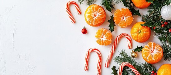 Poster - Festive Christmas arrangement with tangerines, candy canes, and fir branches on a light backdrop viewed from above. Perfect for holiday decor.