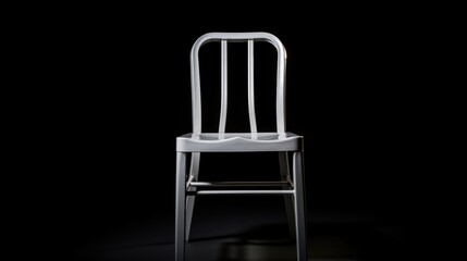 Poster - Minimalist design of a white steel chair showcased against a solid black background highlighting contrast and simplicity in furniture aesthetics