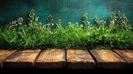 Poster - Lush green grass field with vibrant wildflowers and rustic wooden board for nature-inspired backgrounds and design projects
