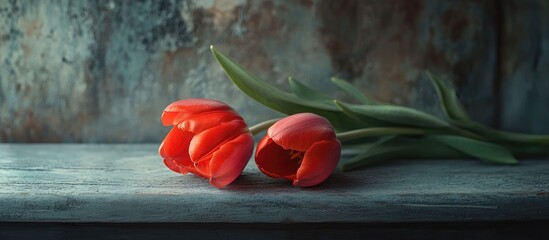 Poster - Red tulips elegantly placed on a rustic gray wooden table against a textured backdrop showcasing a serene and artistic ambiance.