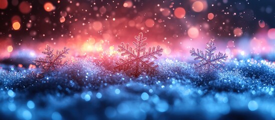 Poster - Enchanting winter scene with snowflakes sparkling amidst a dark neon light backdrop glowing in shades of blue and red.