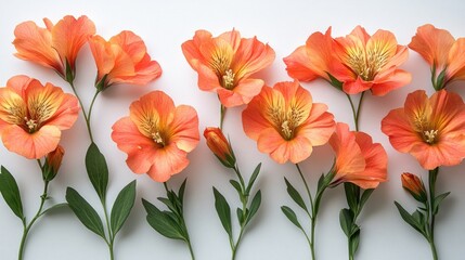 Poster - Vibrant orange flowers arranged elegantly on a clean white background showcasing their natural beauty and delicate details.