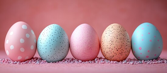 Poster - Spring pastel Easter eggs in vibrant colors arranged on a pink background, perfect for holiday decorations and festive celebrations.