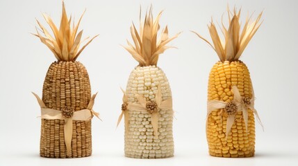 Poster - Three decorative corn kings crafted from natural materials displayed on a clean white background showcasing unique textures and colors.