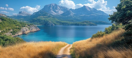Poster - Scenic trekking path leading to a serene lake surrounded by majestic mountains and lush greenery under a bright blue sky