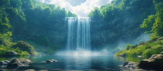 Aufkleber - Majestic waterfall surrounded by lush greenery and serene waters under a bright sky in a remote natural landscape scene