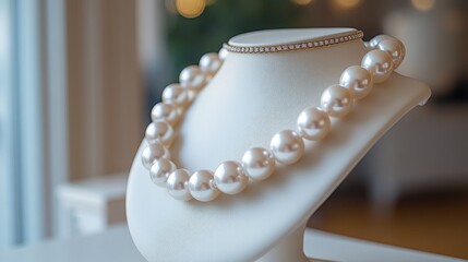 Elegant pearl necklace showcased on a jewelry bust with a soft focus background highlighting its timeless beauty and sophistication