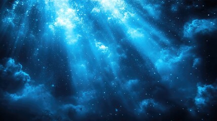Poster - Beautiful blue light rays penetrating a dark underwater scene creating a serene and tranquil atmosphere for backgrounds and designs.